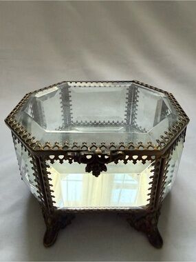 Nicole Miller Octagonal Glass Jewelry Box with Brass-Tone Filigree